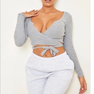 Gray ribbed sweater crop top wrap US 2 NWT